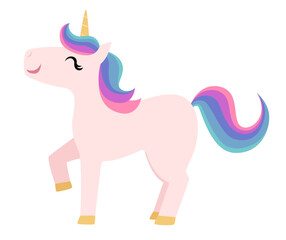Cute smiling unicorn with multi-colored mane and tail
