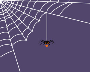 Spider holding an orange heart on a spider web on a purple background
