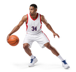 basketball player in white jersey with number 34 maneuvering a ball on isolated background