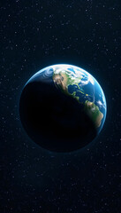 Fototapeta premium Majestic Earth Zoom In Orbit Starry Background. Planet Rotate Surface Star Light Glow Outer Space Deep Universe Exploration Concept 3D Animation, studio photography, with white tones