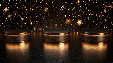 Three Gold And Black Cylindrical Display Stands
