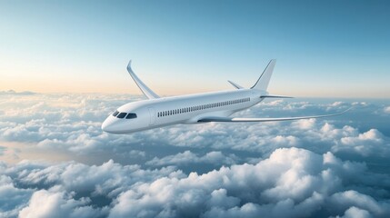 Obraz premium Modern Airplane Gliding Elegantly Above Fluffy Clouds in Bright Blue Sky at Sunrise or Sunset
