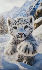 Fototapeta premium A realistic photo of a snow leopard cub taking a selfie in a snowy mountain setting, high-quality camera, with color grading and hyper-realism.