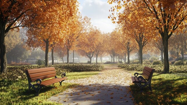 Serene park bench under autumn trees with open space