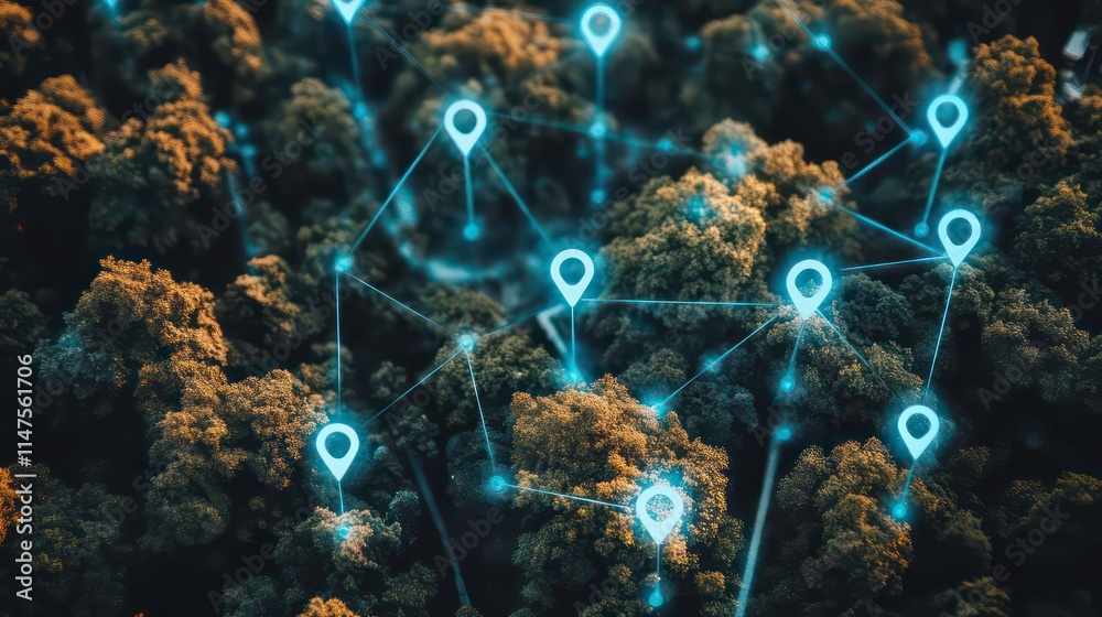 Poster Aerial view of forest with digital map overlay showing interconnected locations.