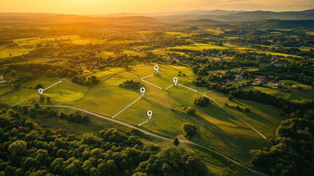 Aerial view of rural landscape with location markers indicating land parcels at sunset.