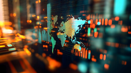 A vibrant digital representation of a world map, overlayed with data patterns, symbolizing technology, analytics, and global connectivity.