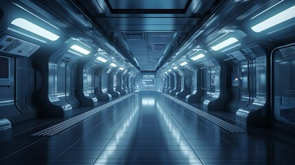 Obraz premium Futuristic spaceship corridor with glowing lights and reflective floor.