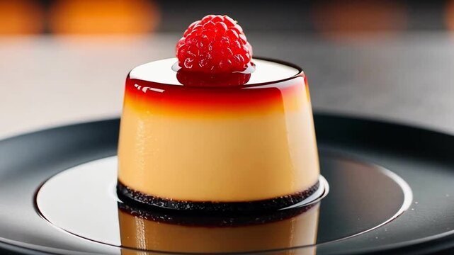 Colorful layered dessert with raspberry and mint garnish on a black background.
