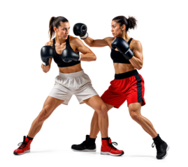 Two pro female boxer sparring in a boxing match, full body isolated