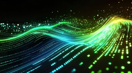 Abstract wave of glowing particles, vibrant green and blue hues on black background.