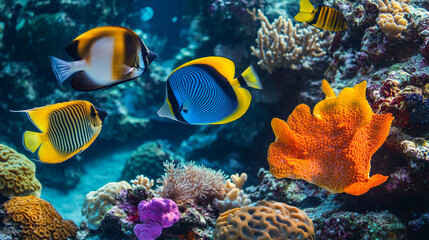 Fototapeta premium Colorful fish swimming among vibrant coral reefs in a tropical ocean. 