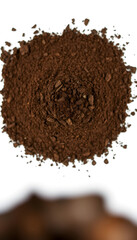 Pile of soil isolated on white background, top view, blurry foreground