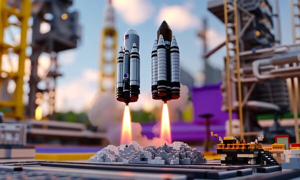Two rockets launching with flames against a colorful backdrop, showcasing space exploration.