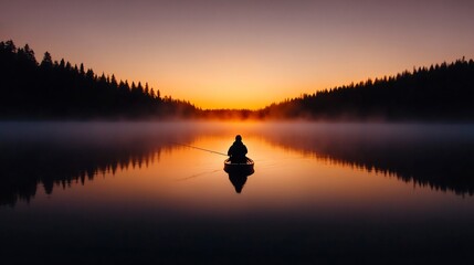 Obraz premium Fisherman silhouetted against a serene sunset lake.