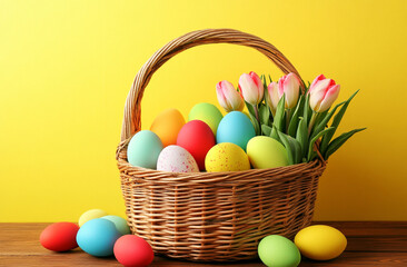 Naklejka premium wicker basket filled with colorful Easter eggs and tulips against bright yellow background, creating cheerful and festive scene