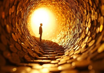 Silhouette of a person standing in a tunnel made of shining coins at sunset