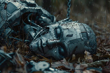 Close-up of a broken cybernetic android head lying on the ground in the rain, surrounded by wet grass and fallen leaves, with cinematic lighting and bokeh effect