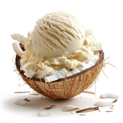 A tempting scoop of creamy vanilla infused ice cream nestled within the natural shell of a tropical coconut creating a visually stunning and delightful summer dessert experience