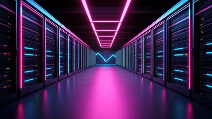 Fototapeta premium Futuristic Digital Server Room with Neon Lighting and Modern Technology for Data Centers and IT Infrastructure