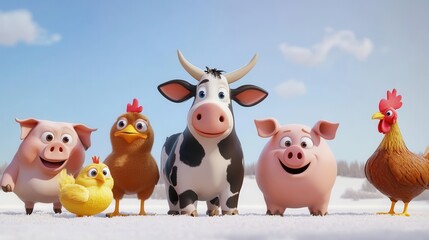 Obraz premium Cute Cartoon Animals on Winter Landscape with Snowy Background