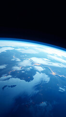 A beautiful shot of Earth from space showing the curvature of the planet, the atmosphere, and the city lights, watercolor, with white tones