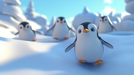 Fototapeta premium Cute Cartoon Penguins Play in Snowy Winter Wonderland Landscape