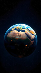 Obraz premium Amazing night planet Earth with Europe, Africa and Eastern countries with bright night city lights in starry space. Megacities and light view from space, close-up, with white tones