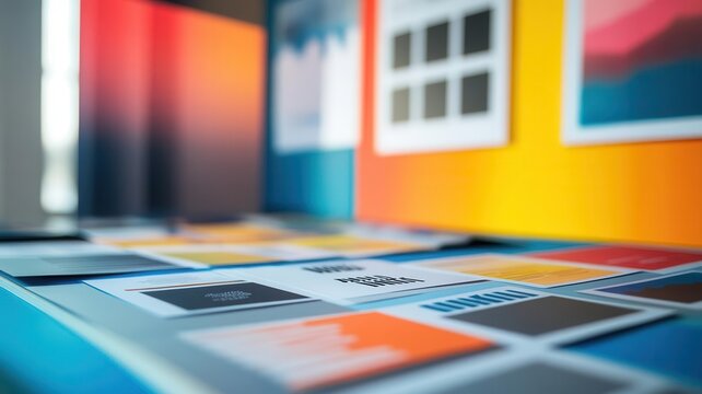Detailed shot of a printed brand guideline with typography samples and logo drafts, vibrant workspace background blurred