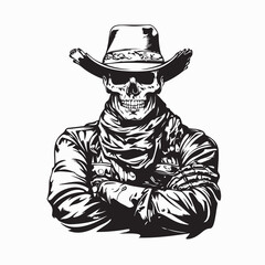 Skull Cowboy Sheriff Illustration Western Outlaw Theme in Black and White image isolated on white background.