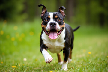 Bulldog running in green outdoor environment