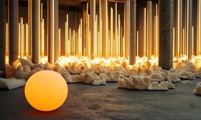 A serene space with glowing orbs and vertical light installations amidst a textured floor. - Powered by Adobe