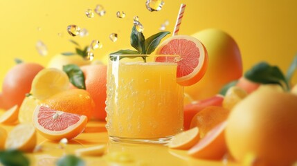 Freshly squeezed juice in a glass against a bright yellow background