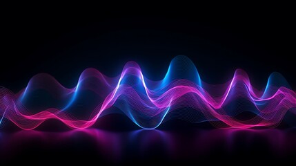 Abstract neon pink and blue wave pattern on black background.