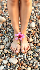 Beach flower zen meditation.  Pretty Feet earthing on pebbles with a beach flower tucked  in her toes, low-poly, with white tones