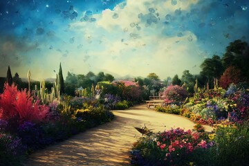 Obraz premium Serene garden path winds through vibrant flowers, butterflies flutter under a dreamy sky.