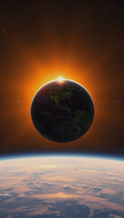 Obraz premium Planet Earth dawn sunset from space. Silhouette planet earth in rays of sun against background of space stars and galaxies 3D render, dinamic scene, with white tones