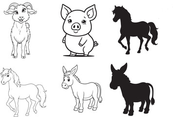 Goat, Pig, Horse, Donkey line art on white backgroun