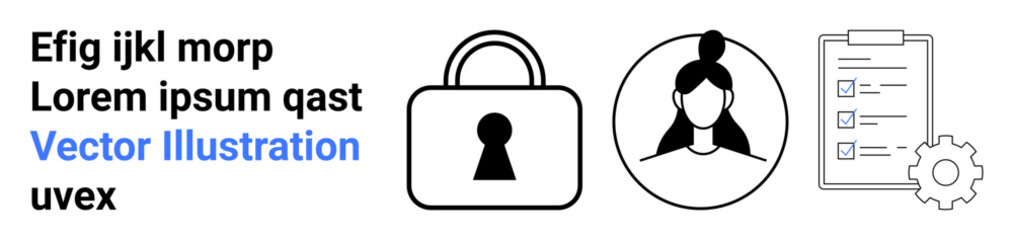 Padlock, user profile, checklist with gear. Ideal for security, privacy, access control, user management, data protection project planning system configuration. Landing page