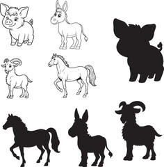 Goat, Pig, Horse, Donkey line art on white backgroun