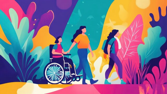 Three diverse women, one in a wheelchair, stroll through a vibrant, colorful park.