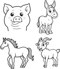 Goat, Pig, Horse, Donkey line art on white backgroun