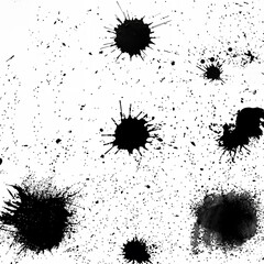 Abstract grunge texture with black ink splatters and speckles on a white background, ideal for designs and overlays.