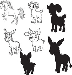 Goat, Pig, Horse, Donkey line art on white backgroun