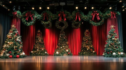 Festive stage with decorated Christmas trees and wreaths, red curtains.