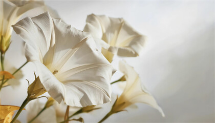 Obraz premium This is a close-up picture of a clean white morning glory in full bloom. Soft and delicate petals unfold perfectly and show an elegant trumpet shape.