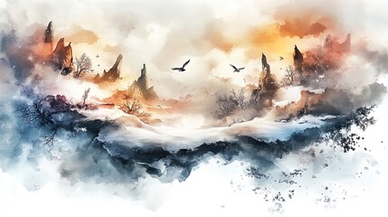 surreal snowy landscape meets sandy desert: dreamlike poster for sporty interiors, perfect blend of winter and summer in soft tones