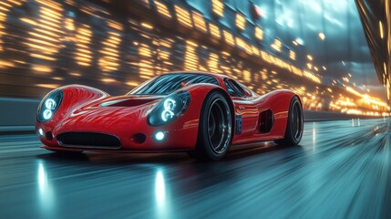 Red sports car speeding, city lights blurred.