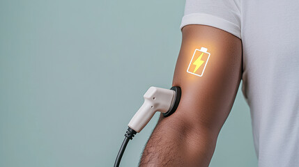 Battery Charging and Human Concept, Human Arm with Charging Cable Plugged into Skin Signifying Energy and Connection in Futuristic Concept