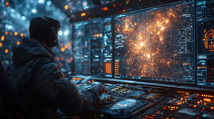 Operators analyzing satellite telemetry in control room, focused on data visualization and monitoring systems